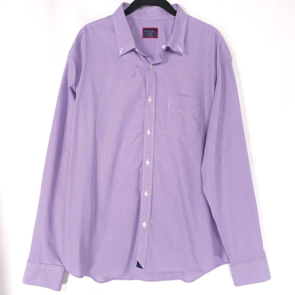 UNTUCKit Men’s Shirt XL Purple White Gingham 100%Cotton Wrinkle Free Button Down